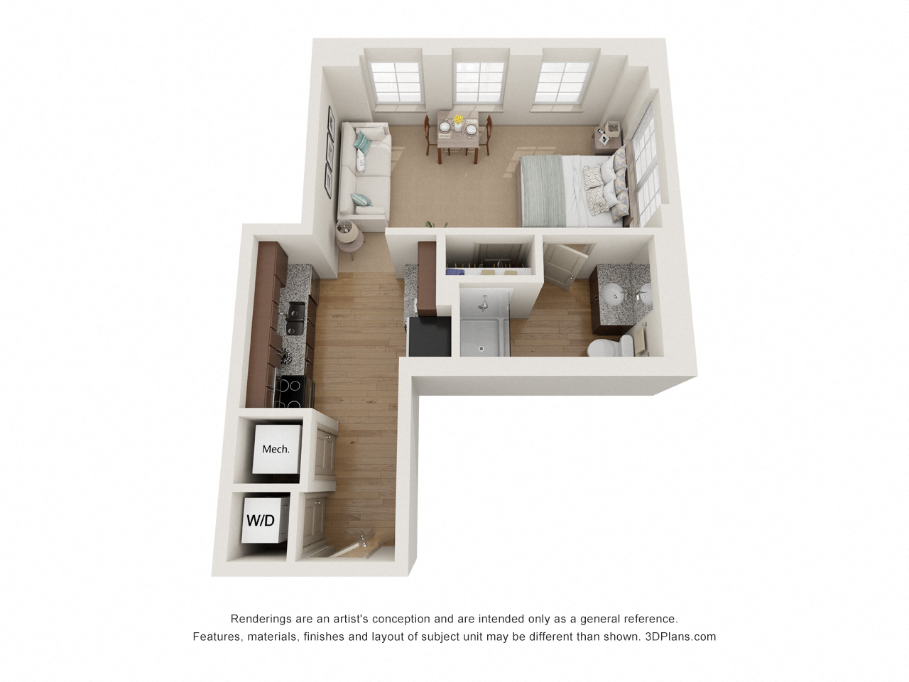 Floor plan for studio, 1 bath, 508 sqft